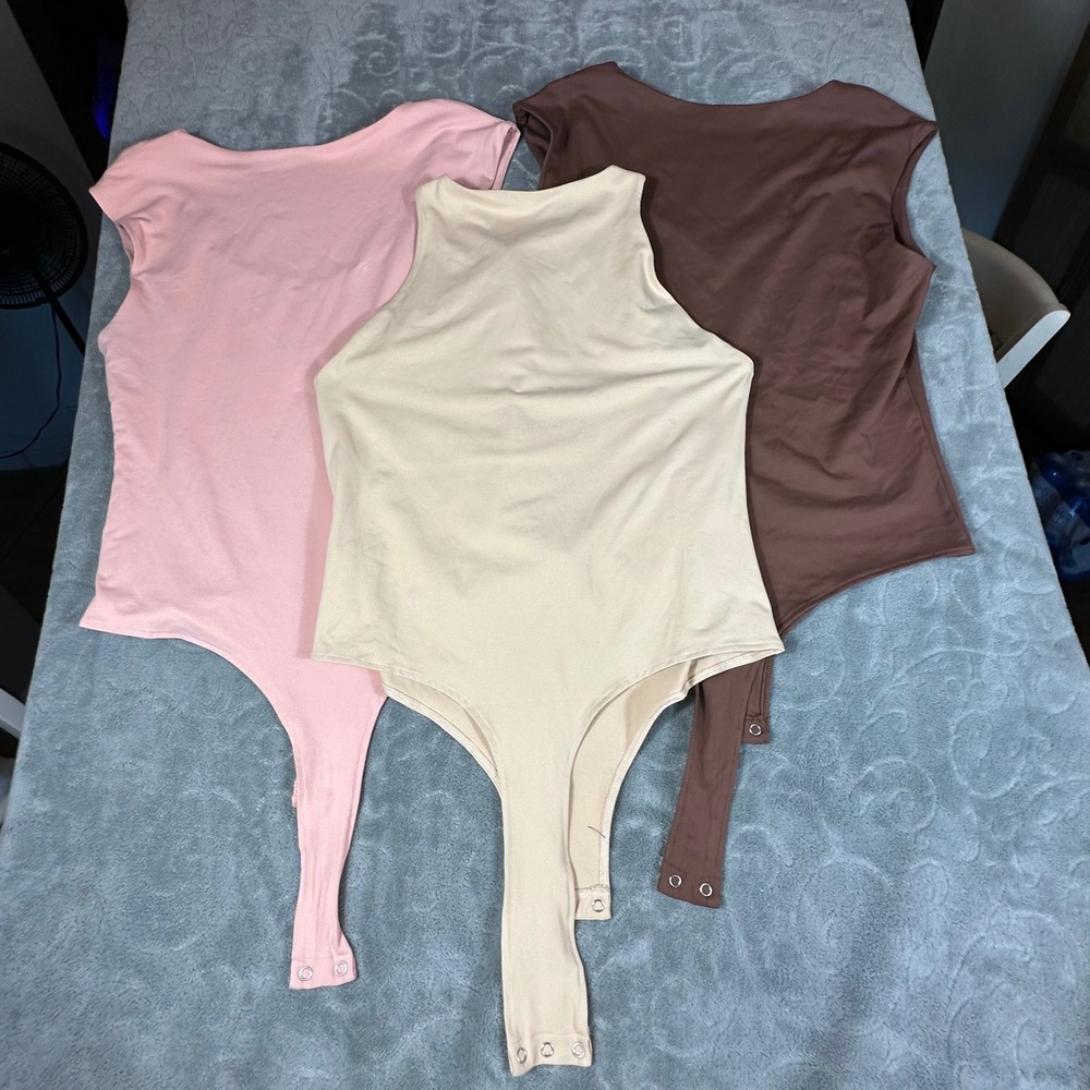 REORIA Womens Bodysuit Set of 3 XL Pink Brown Beige High Square Neck Sleeveless - Picture 2 of 9